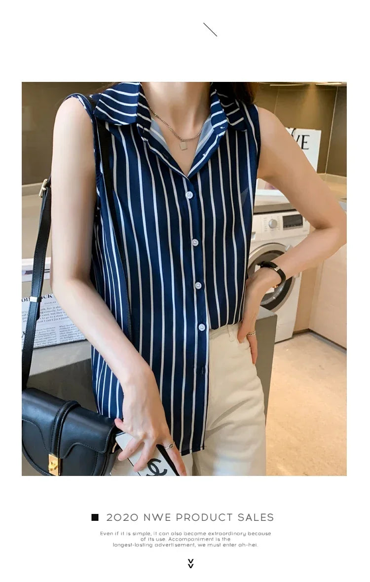 Striped Sleeveless Chiffon Blouse for Women Summer Vest Casual Lightweight Tops Basic White Shirt
