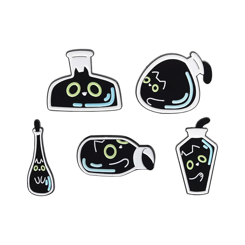Cute Cat Enamel Pins Set of 4 to 6 Black Fluid Cat Brooches Lapel Badges Unique Animal Jewelry Gift