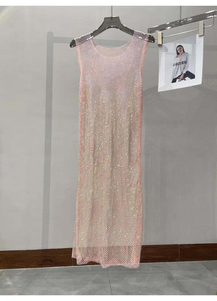 Rhinestone Mesh Midi Dress for Sexy Party and Clubwear