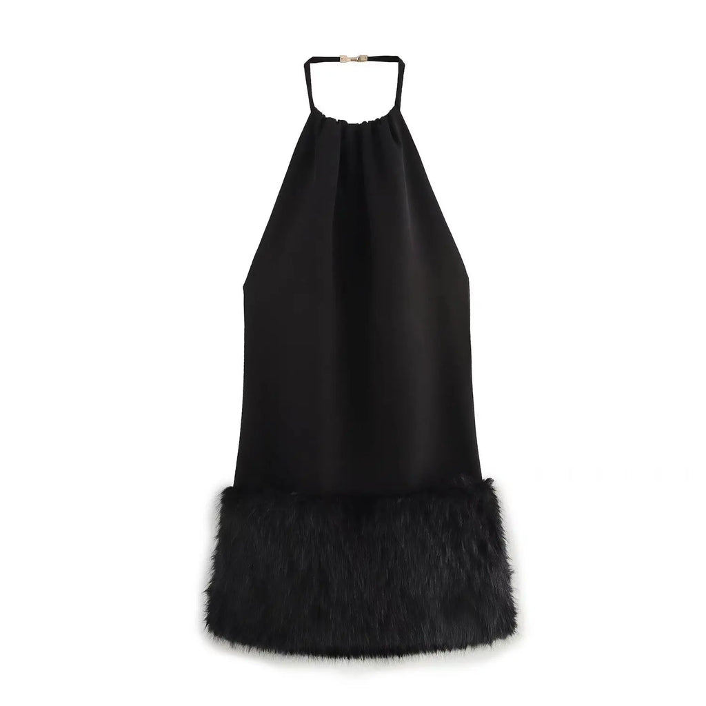 Women Faux Fur Dress Halter Neck Open Back Mini Chic