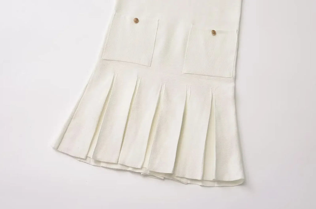 Yellow Knit Pleated Hem Mini Dress With Front Pockets