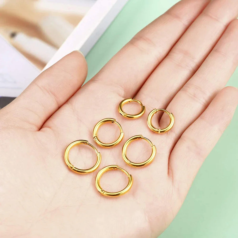 4 Pairs Stainless Steel Round Huggies Earrings Set for Women and Men Stackable Tiny 18K Gold Plated Ear Hoops
