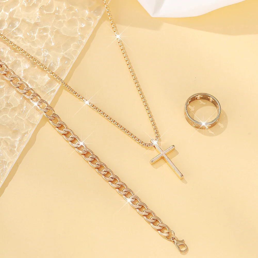 Men's Hip Hop Stainless Steel Cross Pendant Necklace Bracelet Ring Set