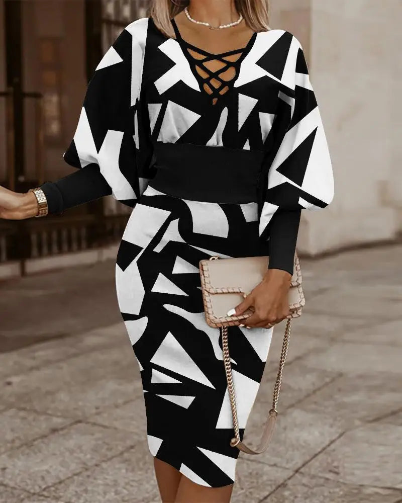 Elegant Color Block Bodycon Dress With V Neck Midi