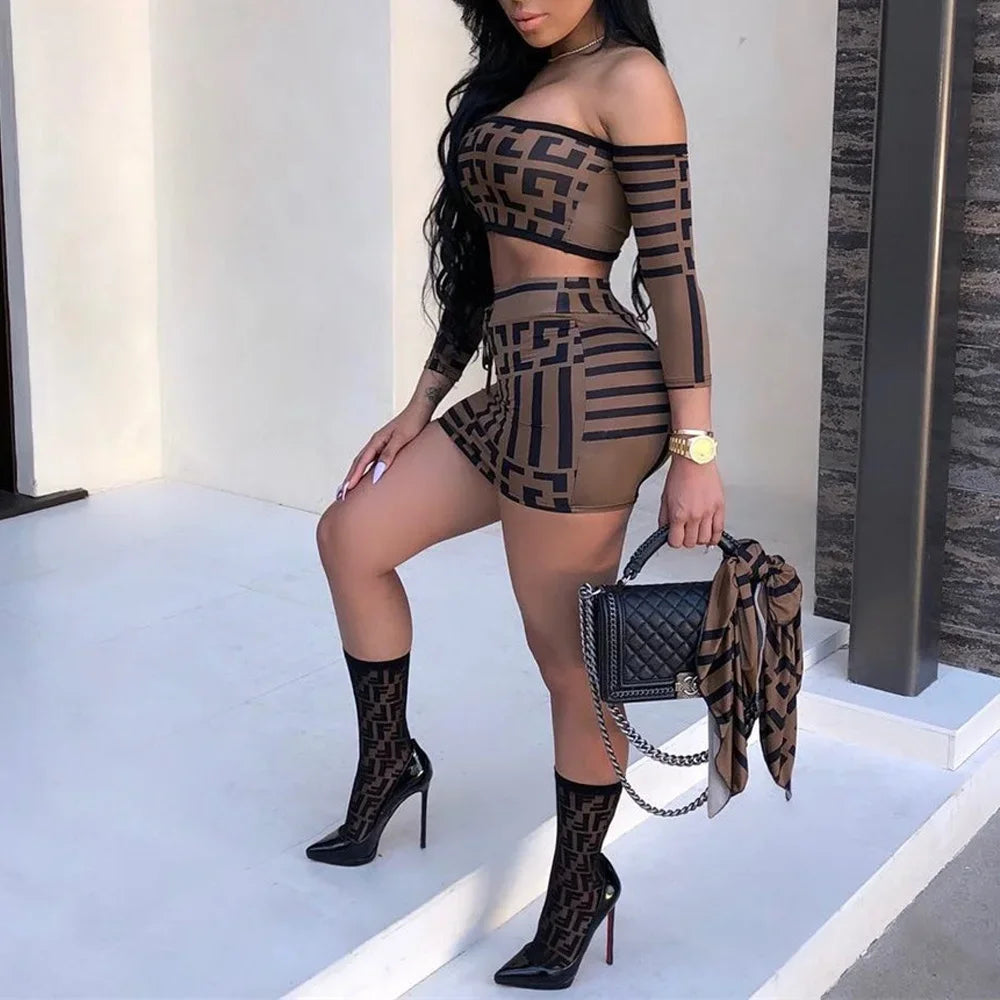 Two Piece Sexy Women's Printed Dress Set with Long Sleeves Slim Fit One Line Collar and Elegant Mini Skirt for Summer Party and Clubwear