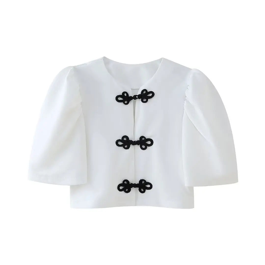 Women's Summer 2-Piece Set Solid Color Puff Sleeve Shirt and Zipper Mid-Rise Street Pants