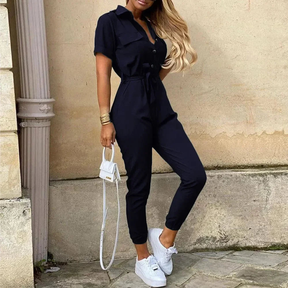 Casual Chic Overalls for Women Lapel Lace-Up Print Belted Work Jumpsuit One-Piece Bodysuit Elegant Long Sleeve Jumpsuit with Stylish Fit