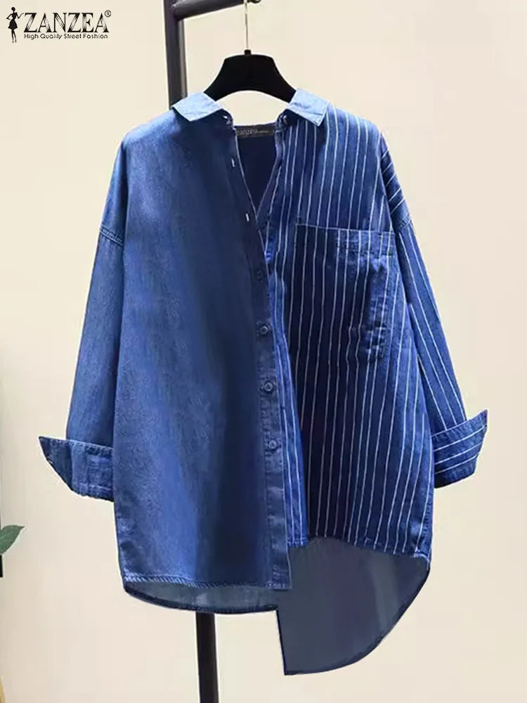 Women's Striped Patchwork Long Sleeve Shirt Casual Loose Blouse with Front Pocket and Shirt Collar Oversized Work and Everyday Wear Top