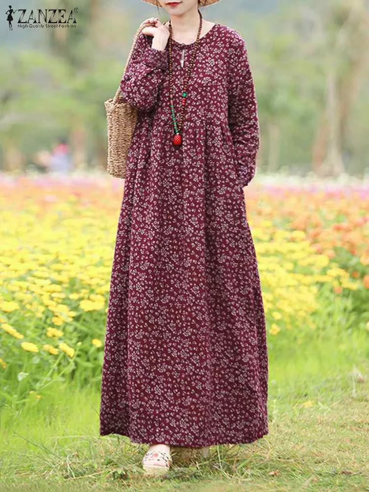 Floral Print Maxi Dress With Long Sleeves O Neck Boho Style