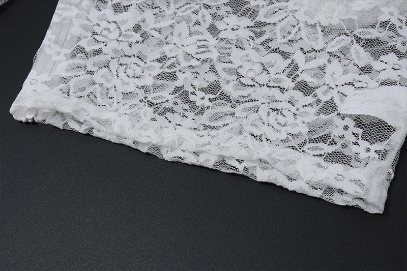 Elegant Y2K Lace See-Through Long Sleeve Crop Top with Ruched Slim Skinny Mini Skirt Two-Piece Set for Women