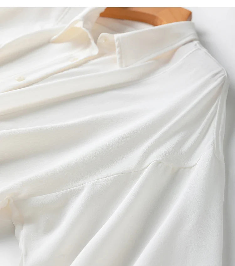 Women 100 Percent Mulberry Crepe Silk White Blouse Lantern Sleeves Bow-Tie Hem Loose Fit Office Top