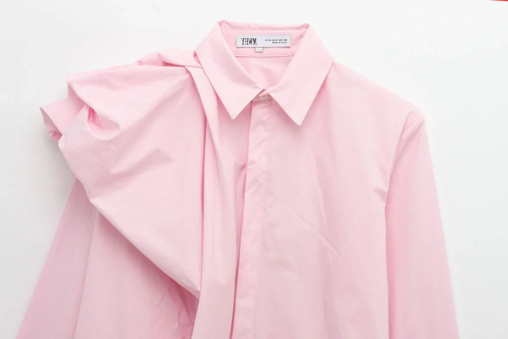 Women Poplin Shirt with Volume Shoulder Long Sleeve Pleated Cuffs Casual Cotton Blouse for Spring Party and Everyday Wear