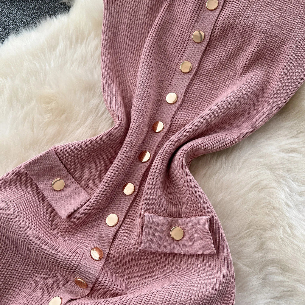 Elegant Solid Knitted O Neck Sleeveless Midi Dress Buttons