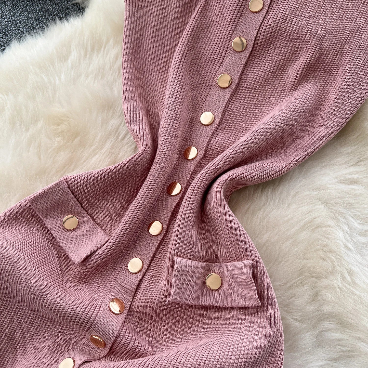 Elegant Solid Knitted O Neck Sleeveless Midi Dress Buttons