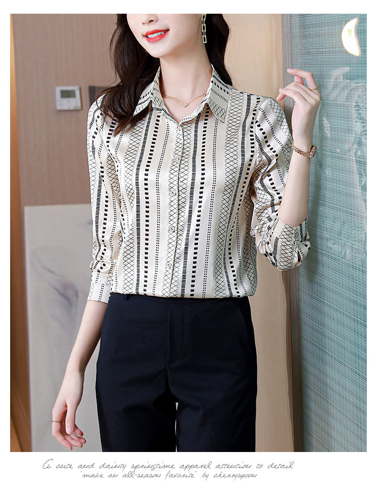 Elegant Satin Women Blouse Long Sleeve Button Up Shirt Vintage Office Lady Print Top