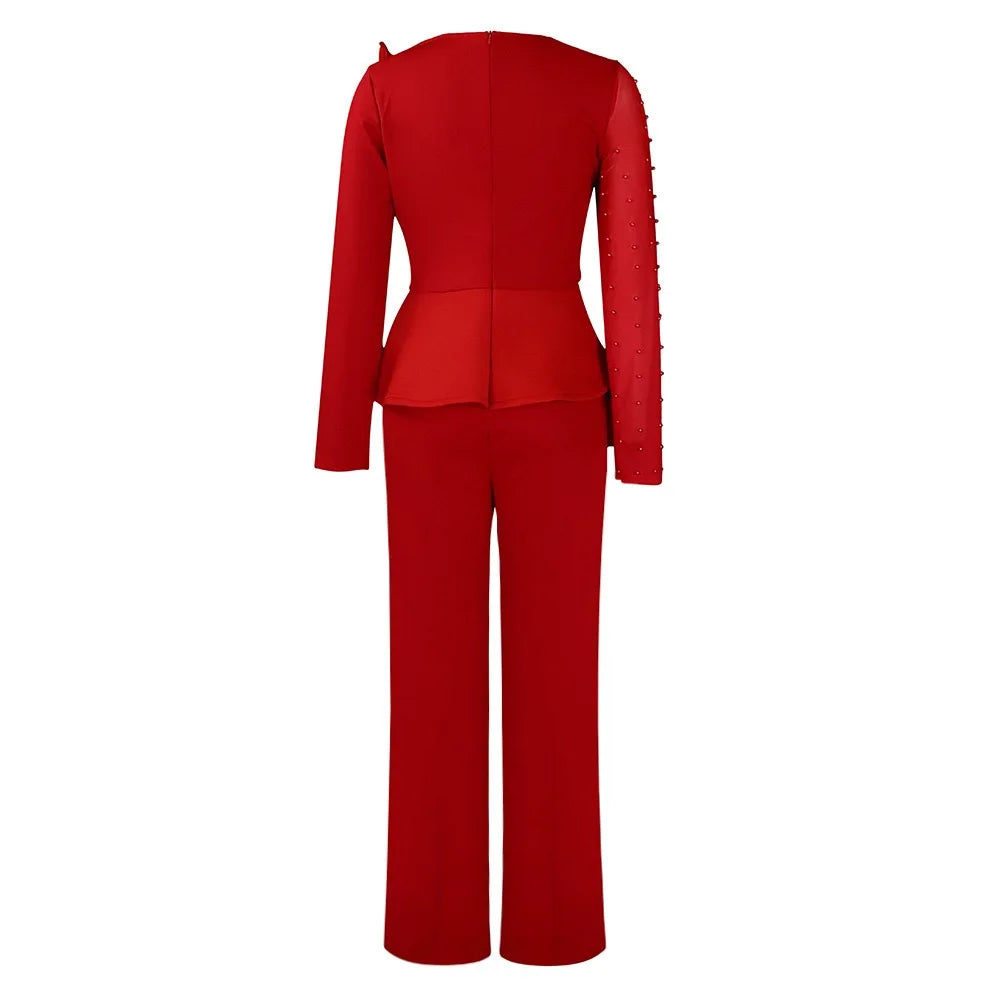 Elegant High Waisted Jumpsuit for Women with Round Neck Beaded Detail and Transparent Sleeves Perfect for Birthday Parties and Special Occasions