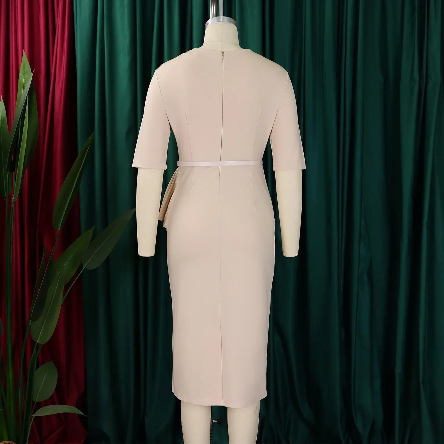 Women Square Neck Bodycon Midi Dress Belted For Work