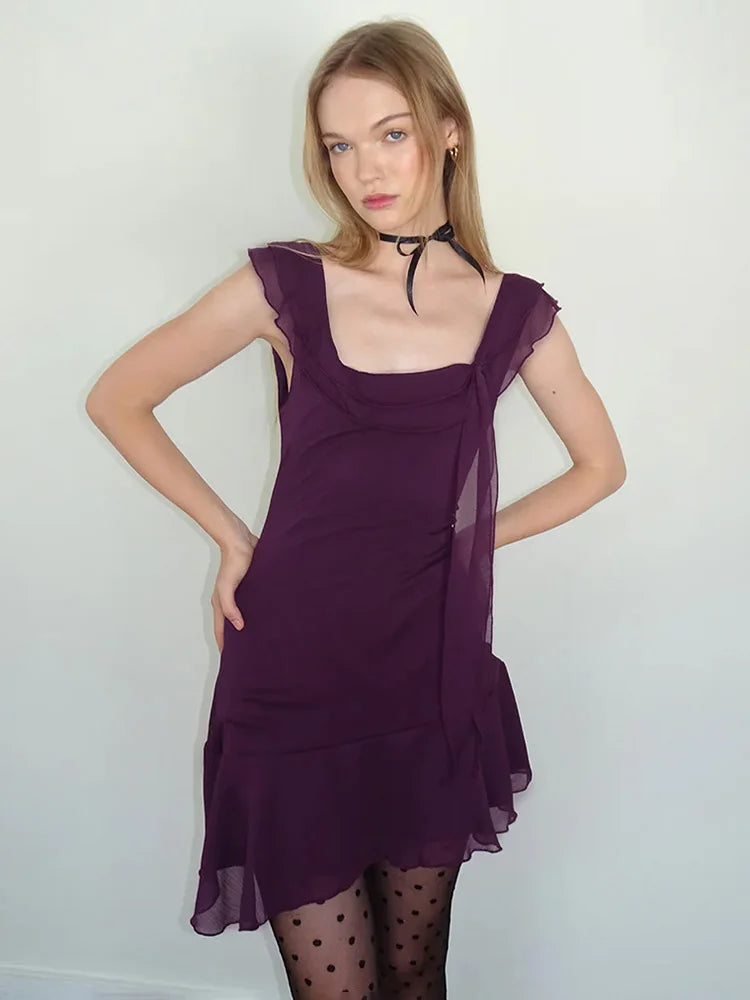 Sexy Tassels Patchwork Chiffon Mini Dress Sleeveless Zipper