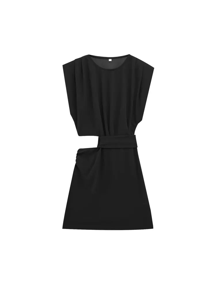 Hollow Out Draped Mini Dress O Neck Sleeveless Women