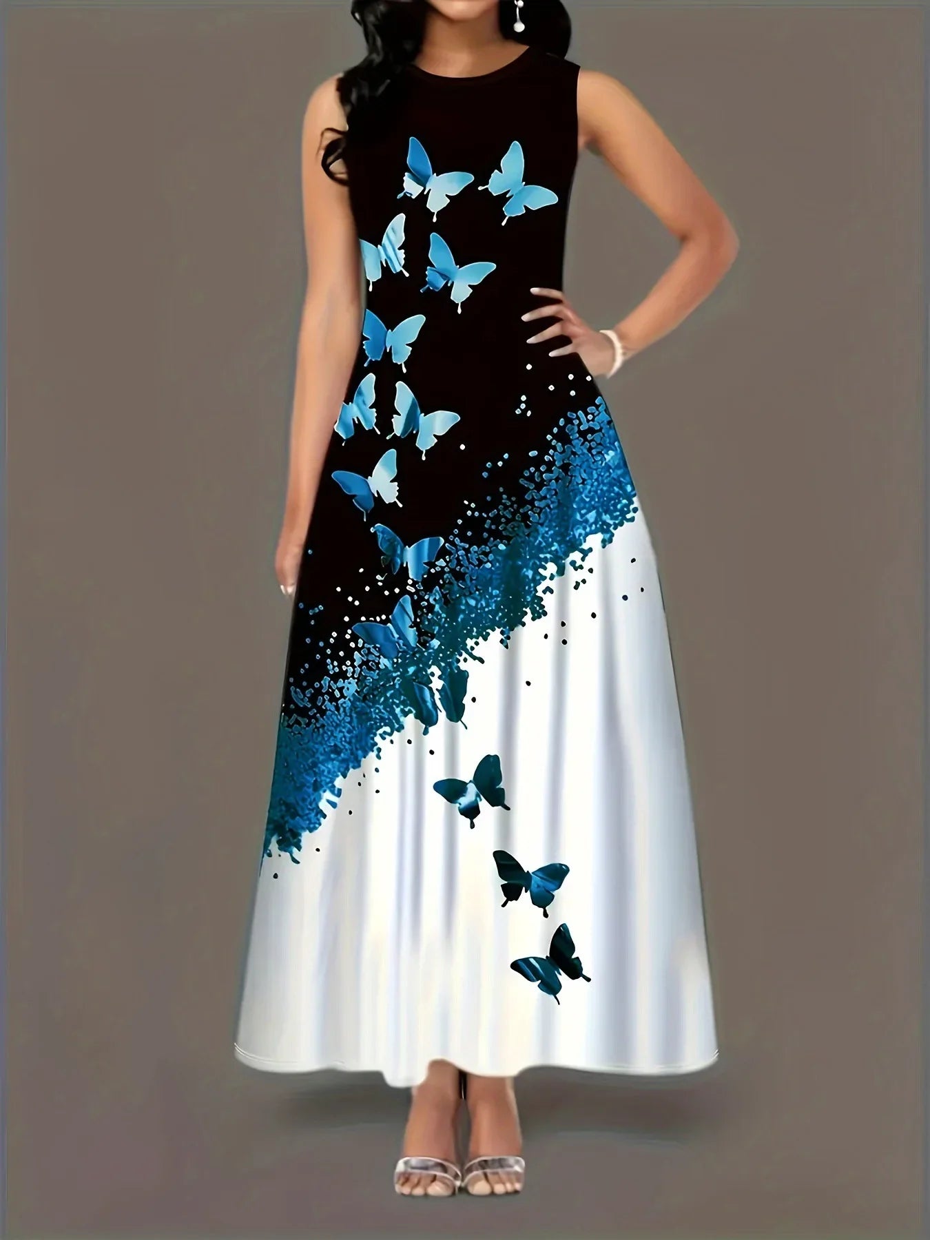 Butterfly Print A Line Summer Dress Front Pockets Style