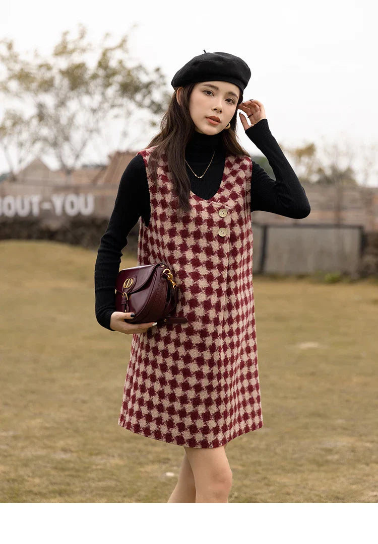 Plaid Vest Dress Aline Woolen Sleeveless Vneck Chic