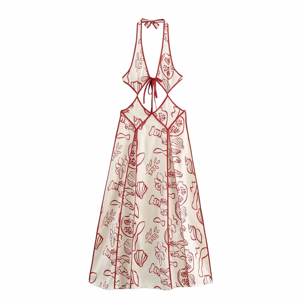 Halter Neck Floral Hollow Out Long Winter Dress For Women