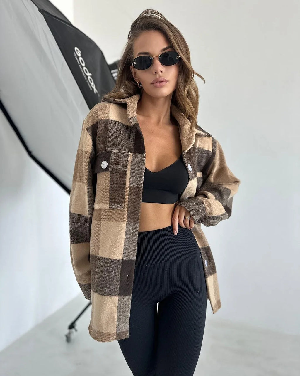 Women's Flannel Lapel Plaid Shirt Jacket Long Sleeve Button Down Thin Warm Coat Blouse for Autumn Casual Wear