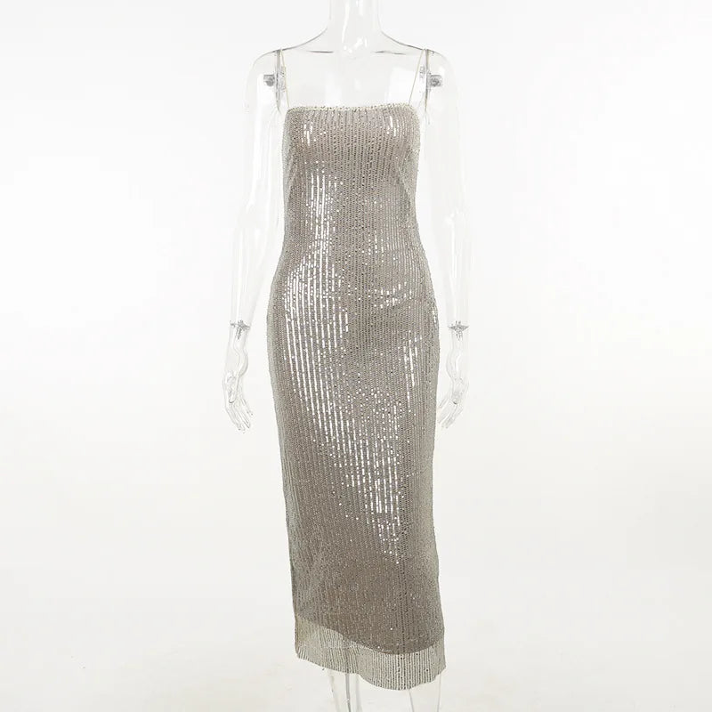Backless Sequin Maxi Dress for Evening Party Wear Glam