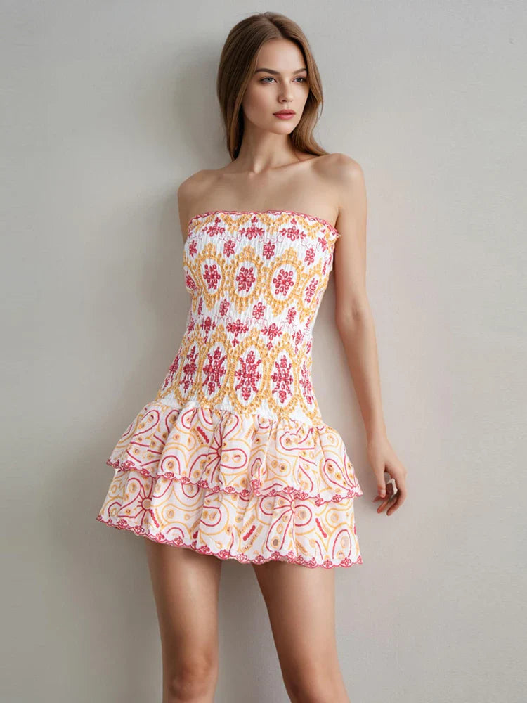Embroidery Print Strapless Mini Dress Ruffled High Waist