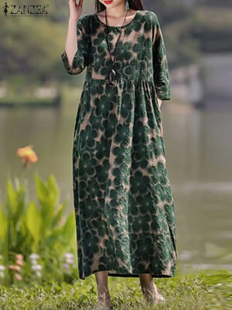 Bohemian Floral Maxi Dress with Three Quarter Sleeves