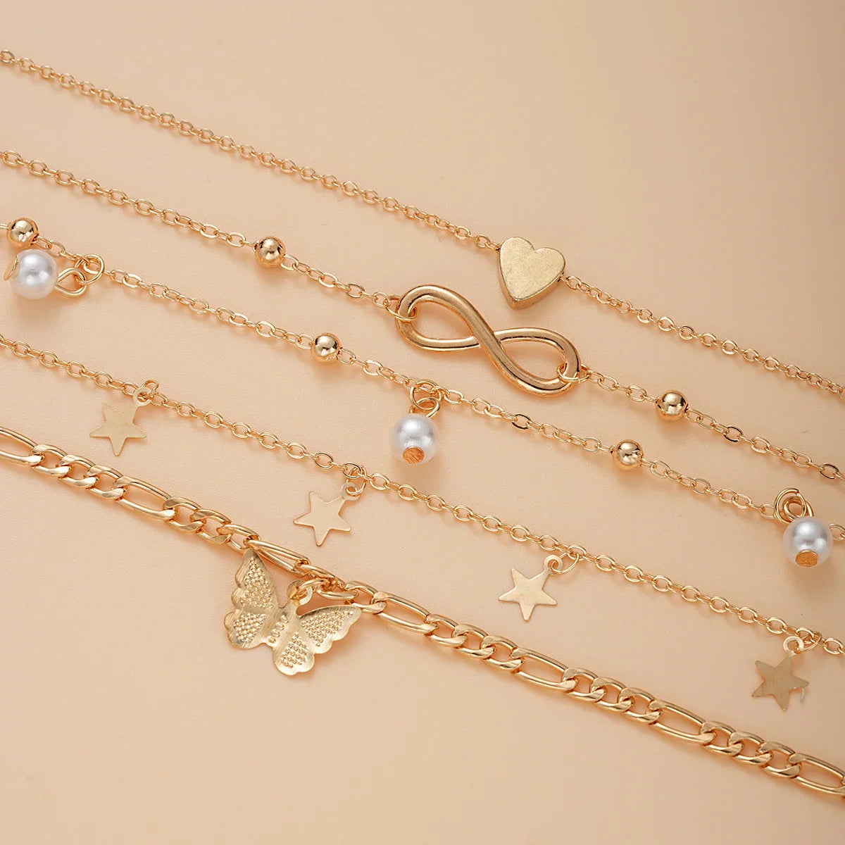 5Pcs Retro Multilayer Tassel Anklet Set with Vintage Pearl and Butterfly Star Heart Pendants for Women Beach Jewelry