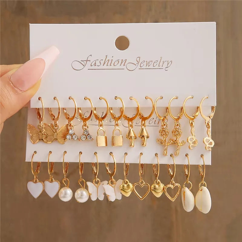 Fashion Geometric Hoop Earrings Set for Women Vintage Bohemian Pearl Gold Color Round Earrings Daily Wear Jewelry Gifts