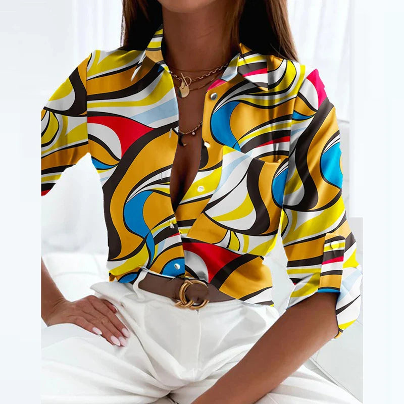 Women's Elegant Turn Down Collar Blouse Slim Fit Vintage Printed Long Sleeve Shirt for Office and Casual Spring Autumn Fashion