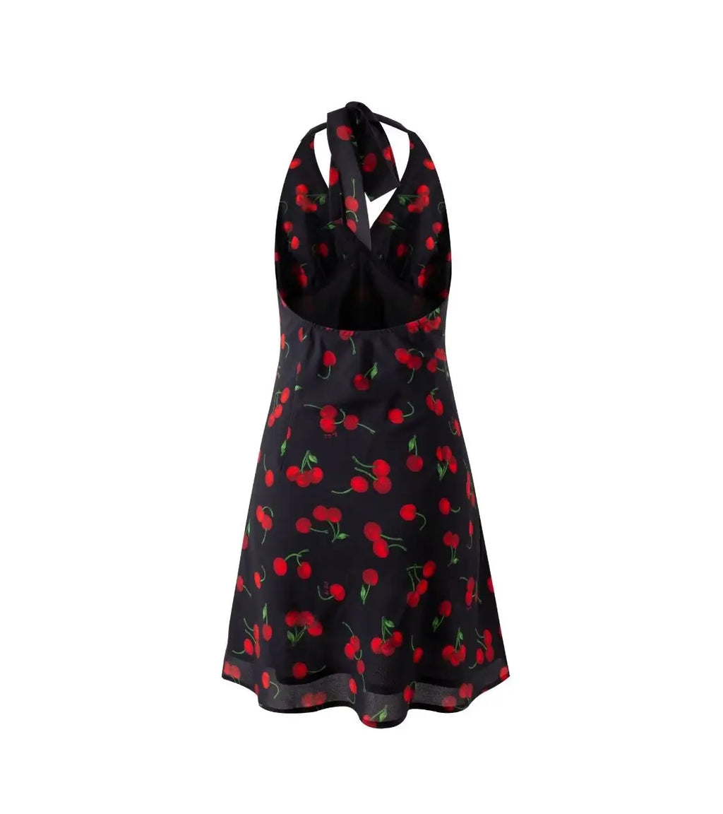 Cherry Print Backless Summer Floral Dress For Women
