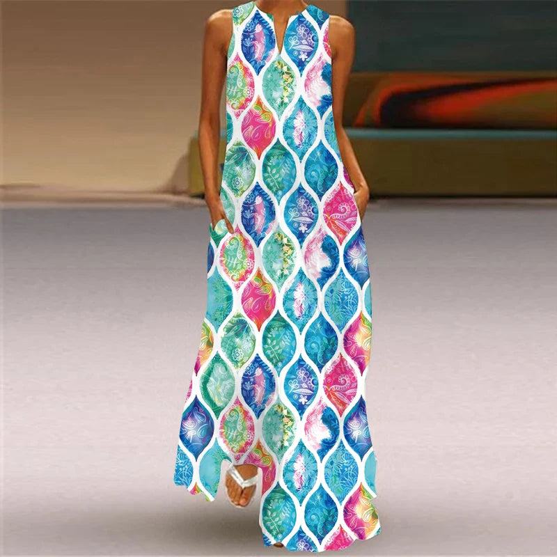 V Neck Sleeveless Printed Maxi Dress For Women Summer Style