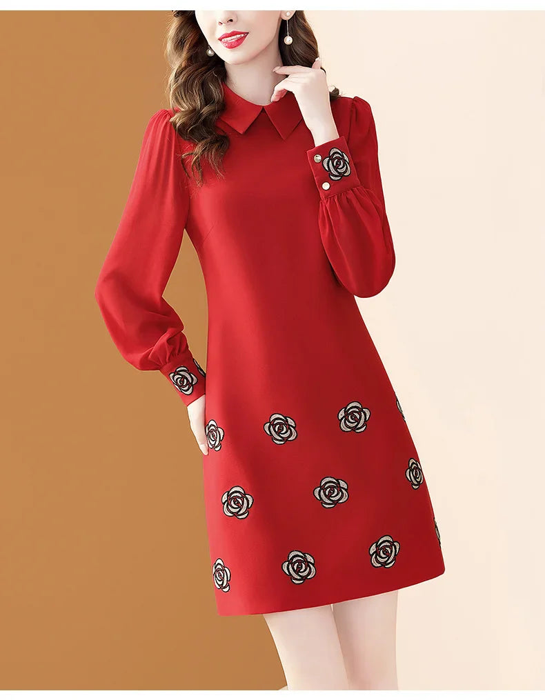 Floral Embroidery Chiffon Dress With Polo Collar For Office