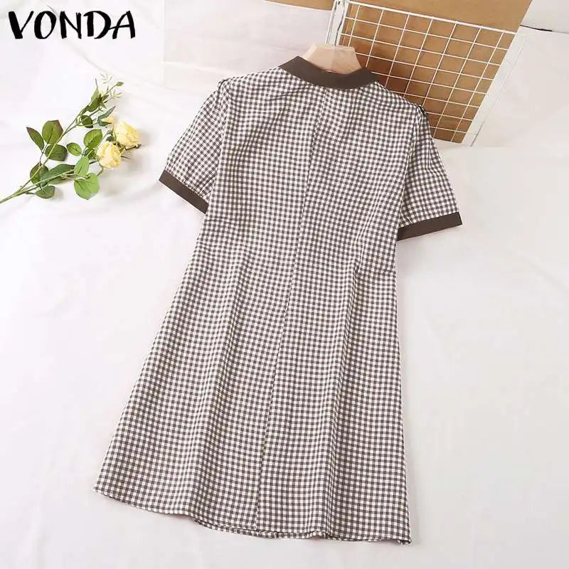 Boho Plaid Mini Dress Puff Sleeve A Line Sundress Style