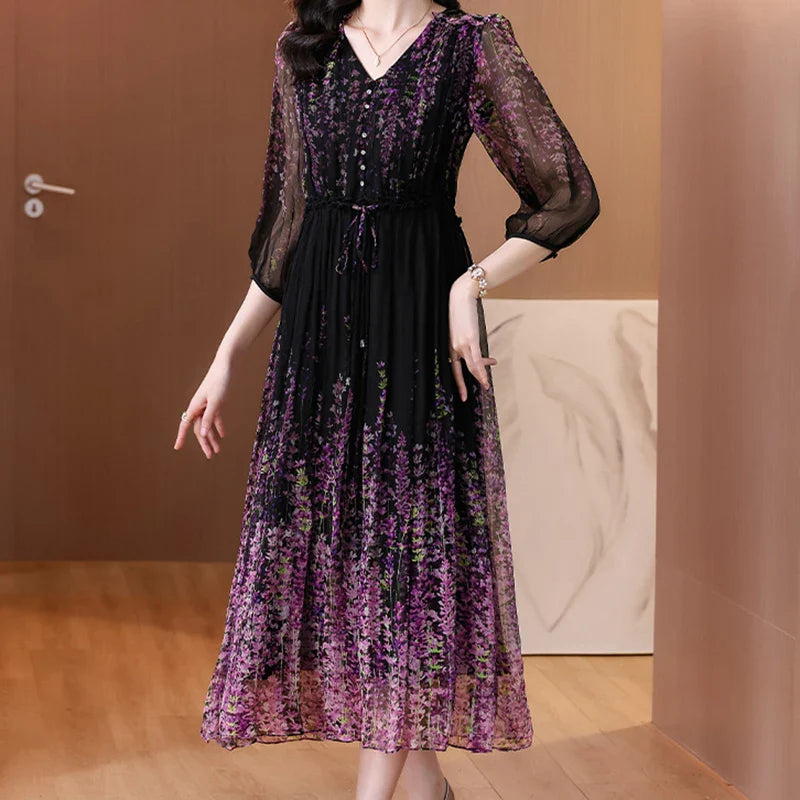 Purple Floral Chiffon Dress With V Neck And Lantern Sleeves