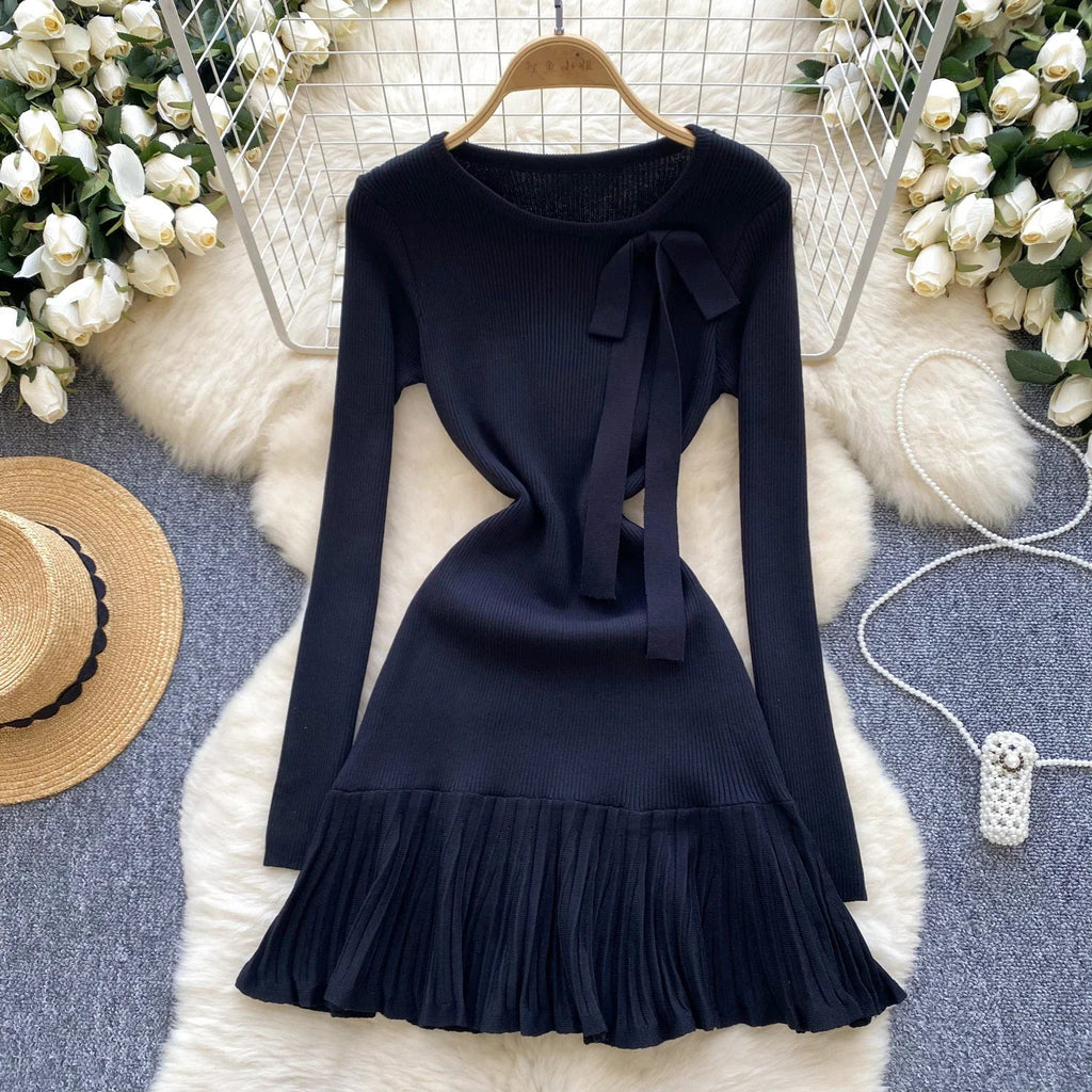 Knitted Short Dress With O Neck Bow Bodycon Chic Style