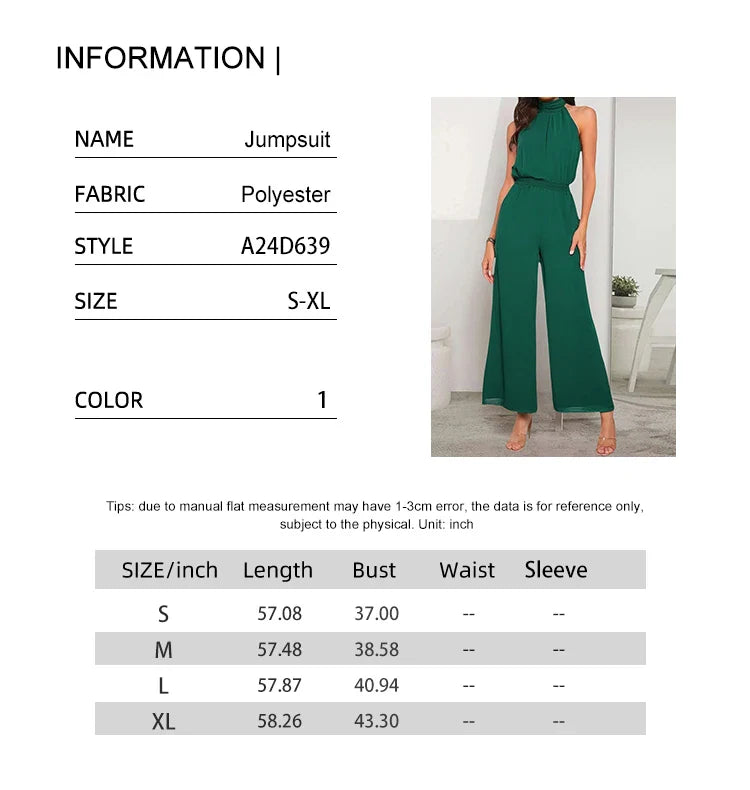 Women's Casual Solid Color Sleeveless Wide-Leg Chiffon Jumpsuit with Hanging Neck and High Waist Ankle-Length Pants for Summer