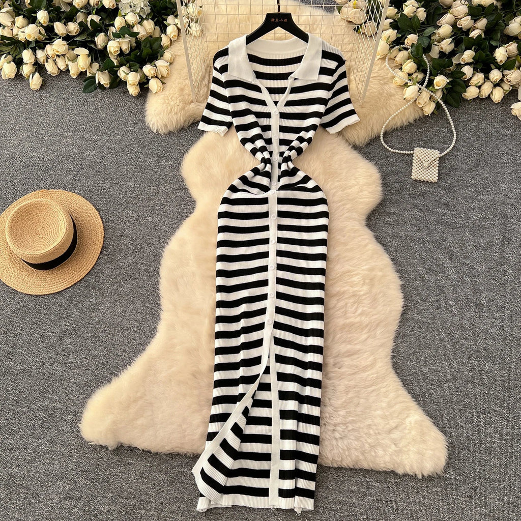 Women Striped Knitted Bodycon Maxi Dress for Summer
