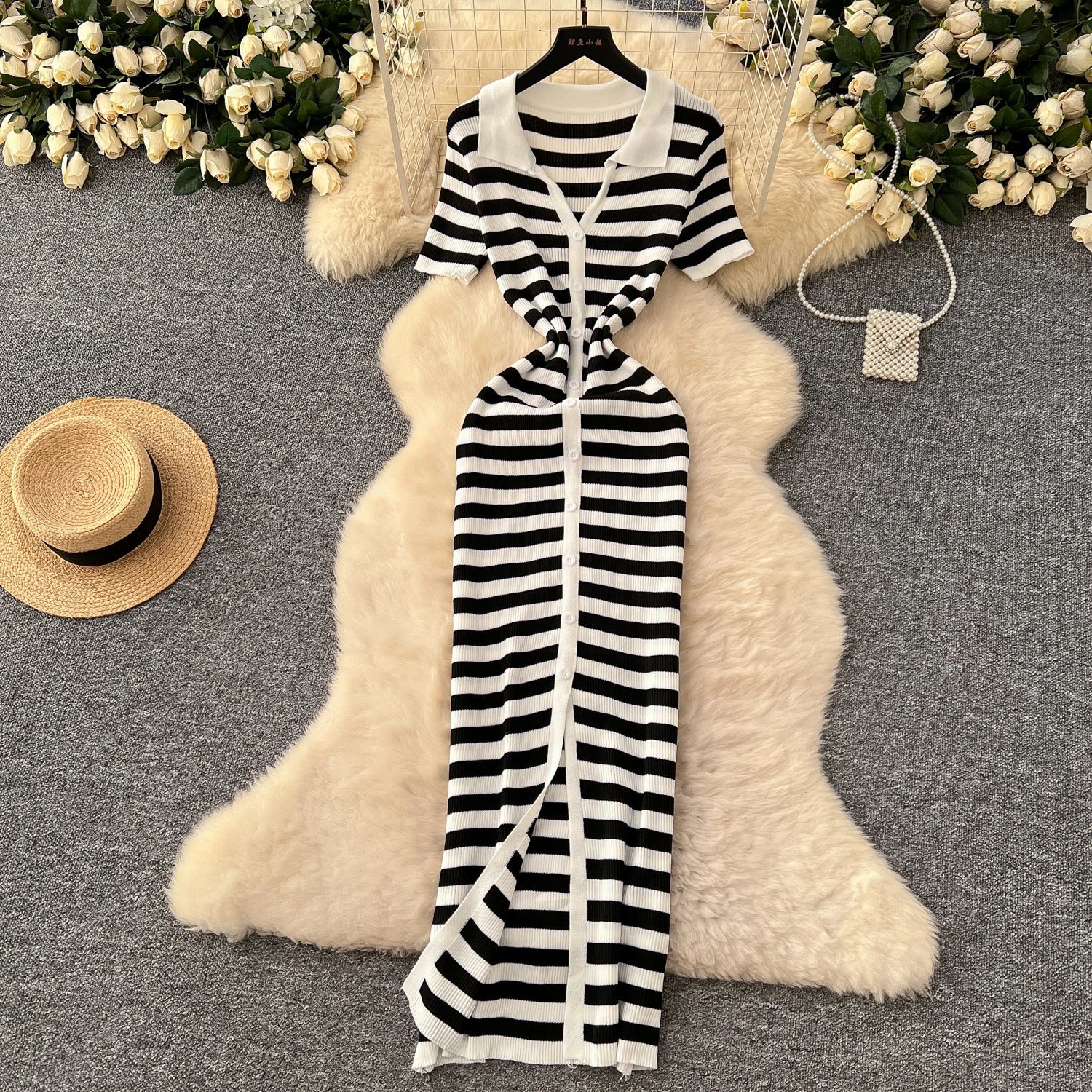 Women Striped Knitted Bodycon Maxi Dress for Summer