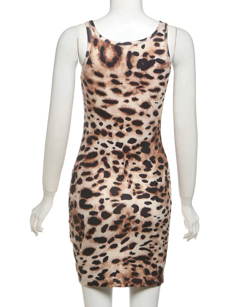 Leopard Print Mini Bodycon Dress Sleeveless Summer Party