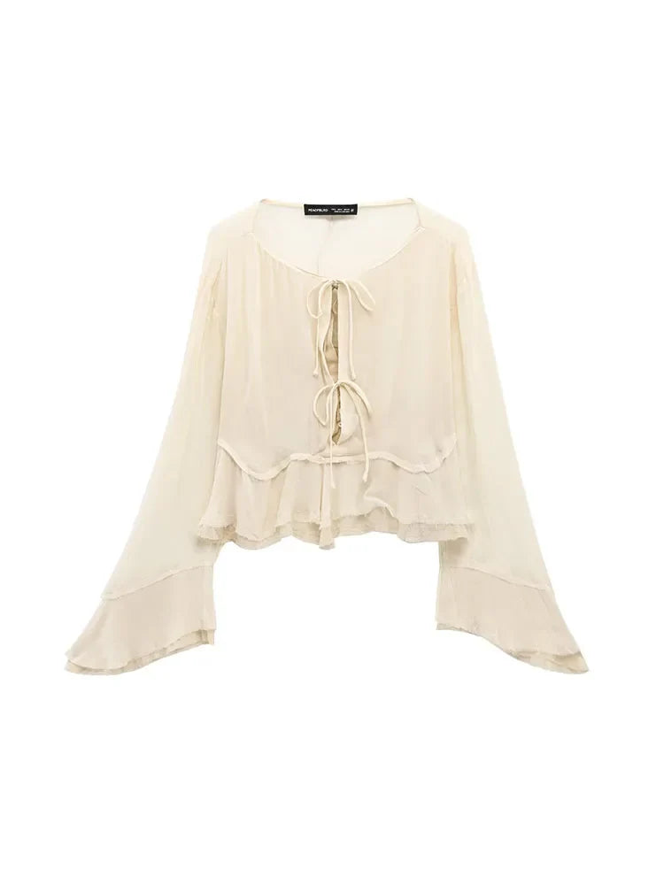 Women's Summer Chiffon Blouse with O-Neck Drawstring Bow Elegant Lightweight Thin Top