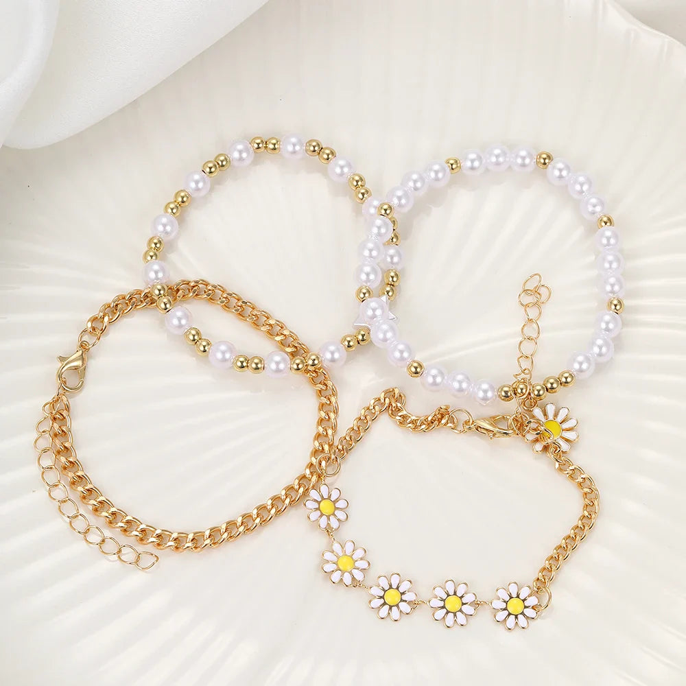 4pcs Vintage Daisy Flower Faux Pearl Bracelet Set for Women Bohemian Stackable Jewelry