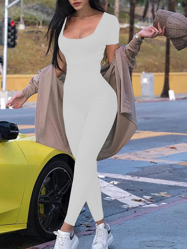 Women's Short Sleeve Solid Color Tight Jumpsuit Slim Fit Athletic Sportswear Casual Streetwear Lounge Romper
