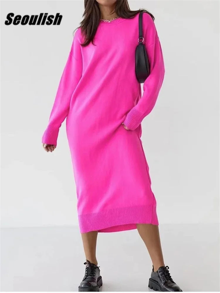 Oversize Knitted Dress for Women Long Sleeve O Neck Casual
