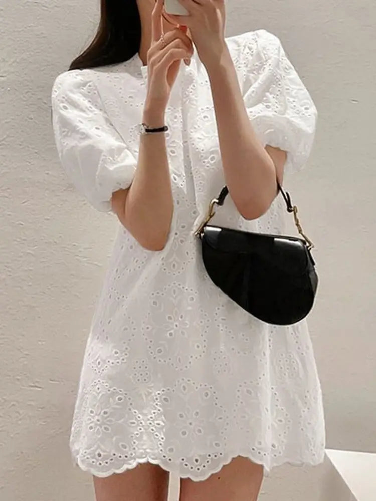 Cotton Sundress With Puff Sleeve Mini For Women Round Neck