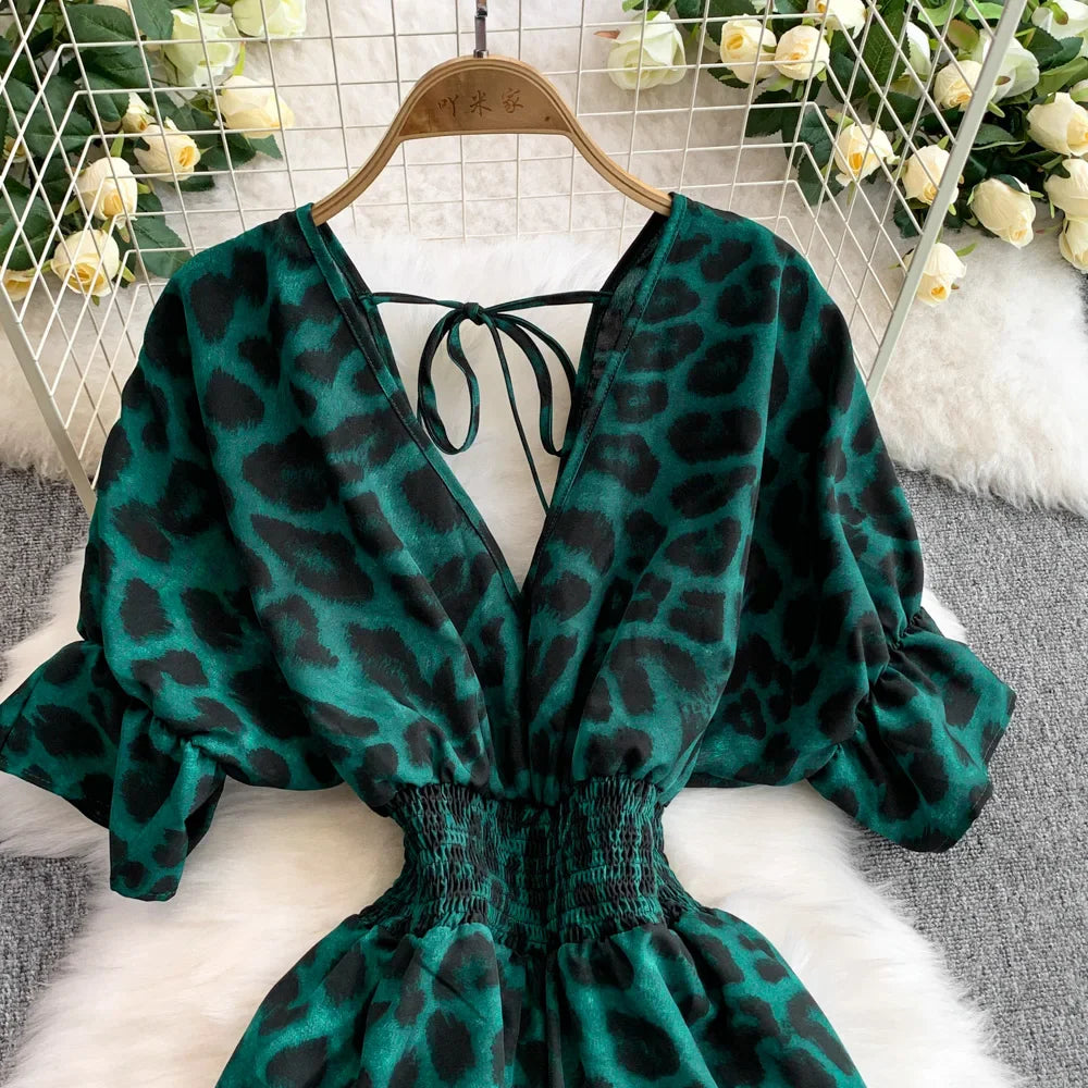 Women's Summer V-Neck Leopard Print Lace-Up Jumpsuit Short Sleeve Loose Fit Playsuit Overalls with Elegant Ruffle Detail