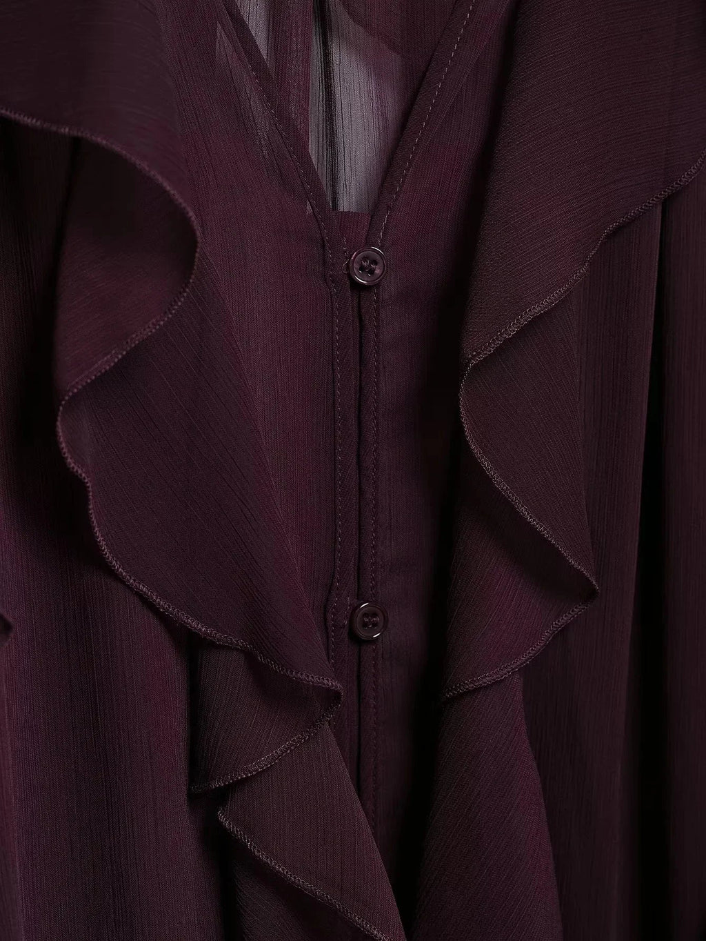 Burgundy Mesh Ruffle Blouse for Women Long Sleeve Sheer Loose Fit Elegant Party Top